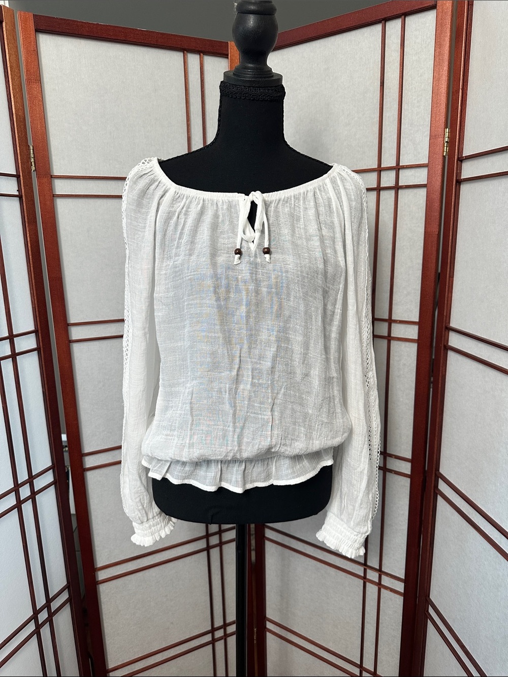 BCX White Peasant Blouse with Tie Neck